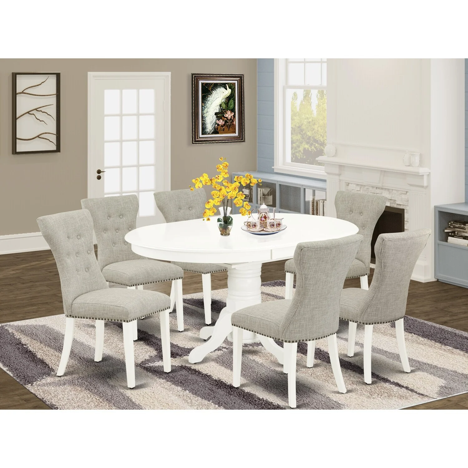 HomeStock Victorian Vibes Furniture 7-Piece Dining Room Table Set- 6 Parson Dining Chairs And Butterfly Leaf Dining Table Solid Wood Frame -High Back & Linen White Finish