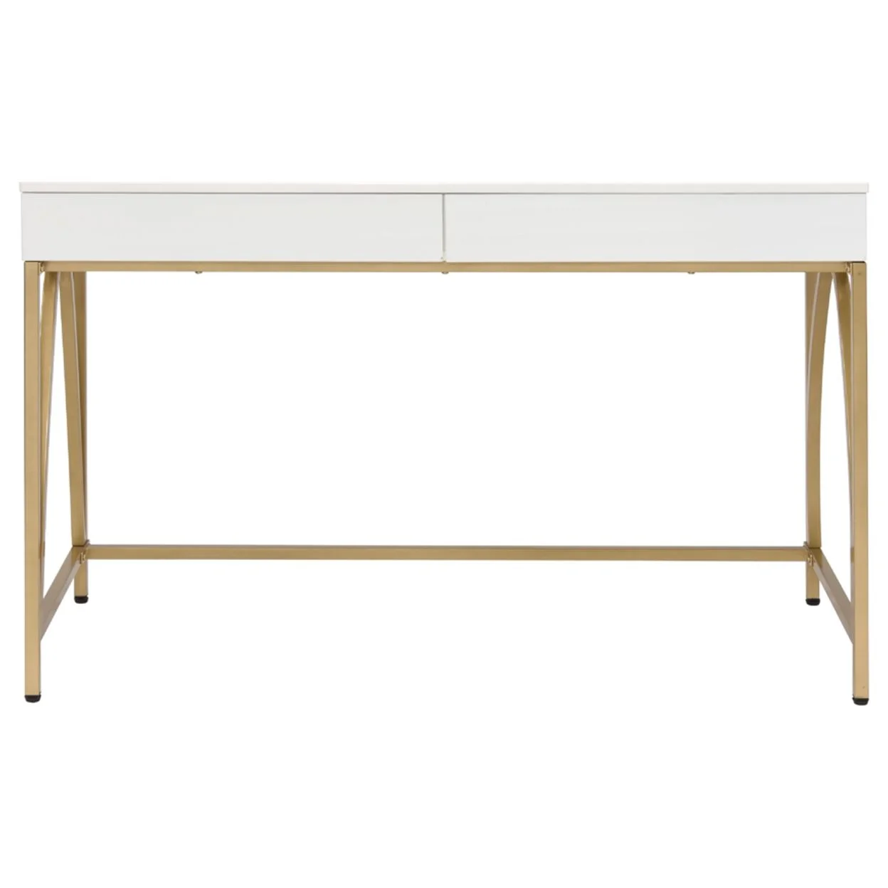 Rectangular Wooden Frame Desk with 2 Drawers and Metal Legs, White and Gold