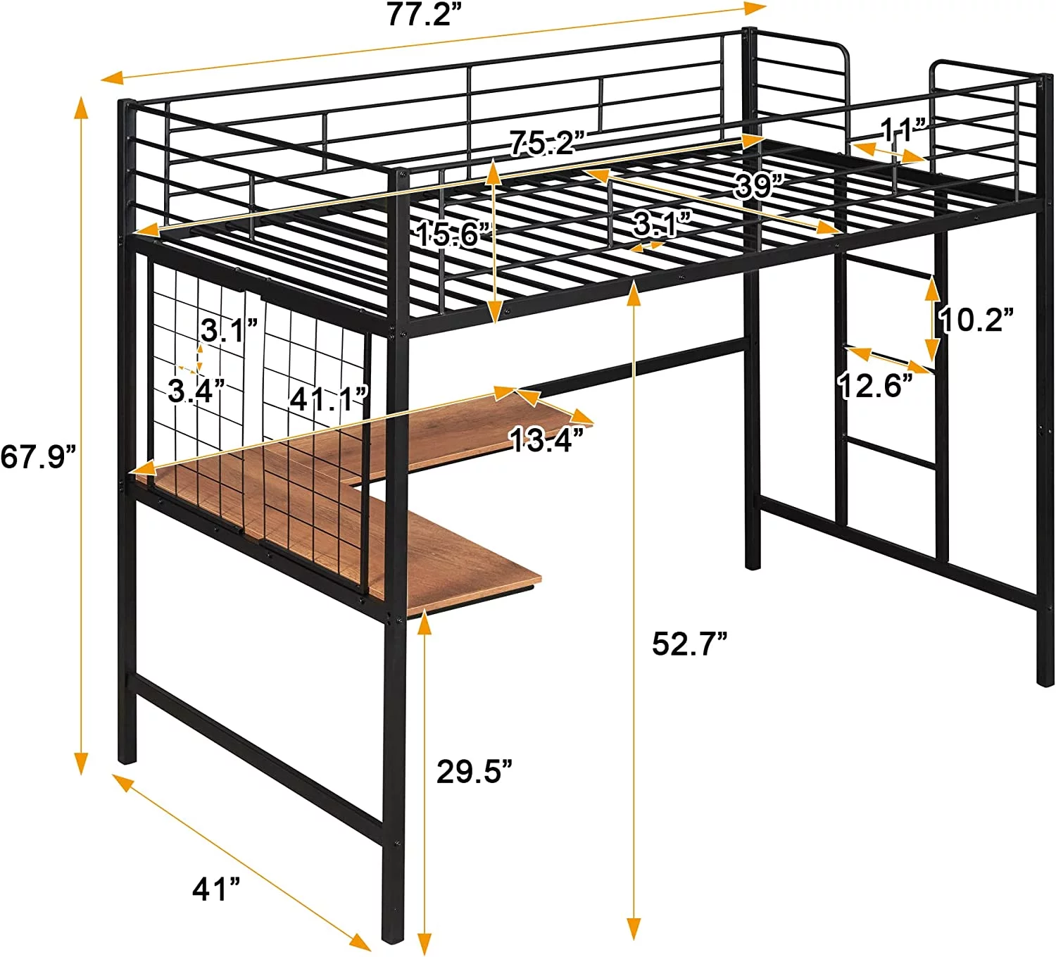 Size Metal Loft Bed With L-Shape Desk, Metal Grid And Full Length Guardrails, Space-Saving Loft Bed For Bedroom, Black