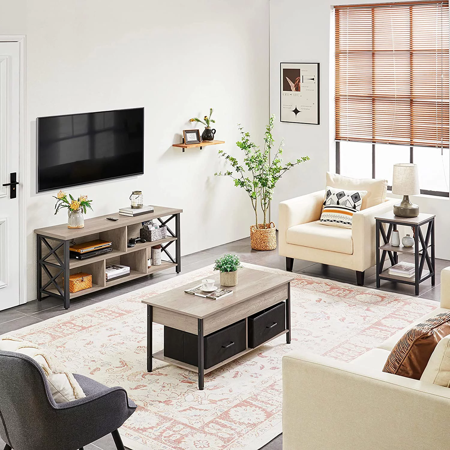 4 Pieces Living Room [Table] Sets - Includes Stand with 5 Hidden [Storage Space and Baskets Compartments for 65 In [TV], Lift-top Coffee [Table], 2 Set End Side [Table] for Home, Gray