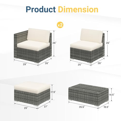 Wisteria Lane 5 Piece Outdoor Patio Furniture Set, All Weather Wicker Rattan Sectional Sofa Conversation Set with Cushions & Large Glass Coffee Table, Ideal for Garden Backyard Porch Balcony, Grey