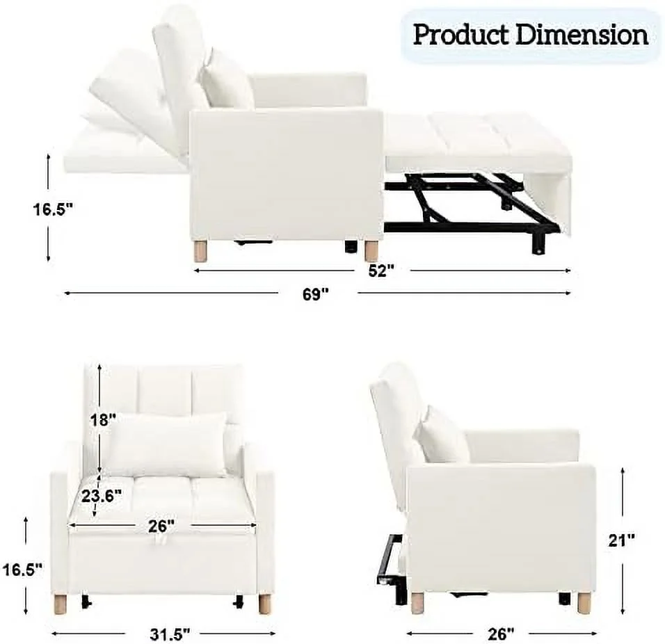 xrboomlife Multi-Functional Convertible Chair Sleeper Velvet Adjustable Single Sofa Bed with Lumbar for Studio Dorm  Apartment  Bedroom Office Living Room