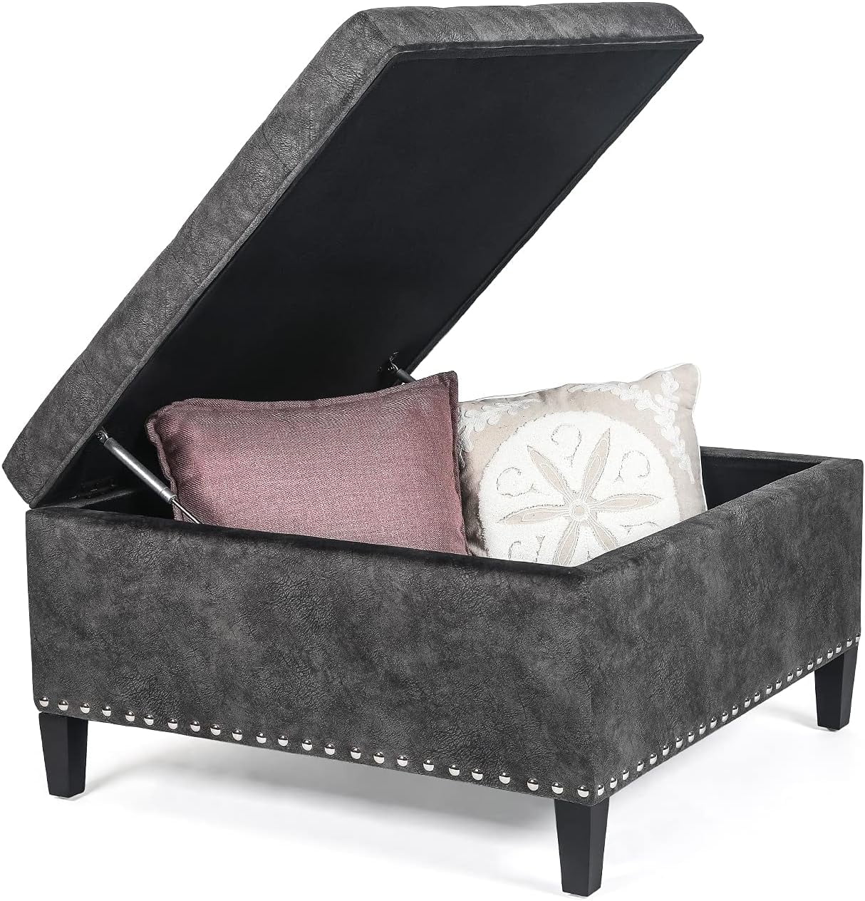 Storage Ottoman Bench For Living Room, Tufted Square Coffee Table Footstool Footrest With Wood Legs (Grey)