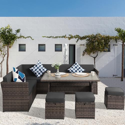 KIGOTY 7 Piece Patio Furniture Set, Outdoor PE Wicker Rattan Outdoor Dining Set, Patio Table and Chairs Set, Patio Conversation Sofa Set with Dining Table and Ottoman (Brown-Grey, 7 PCS-A)