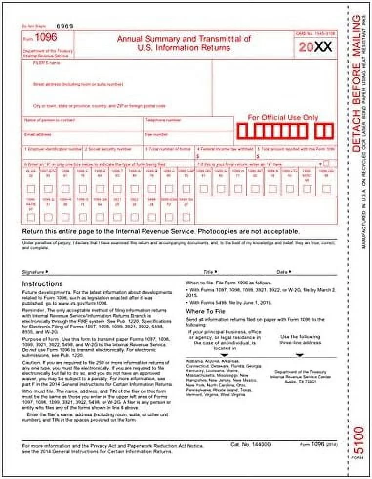 IRS Approved 1096 Laser Transmittal/Summary Tax Form (1 Pack)