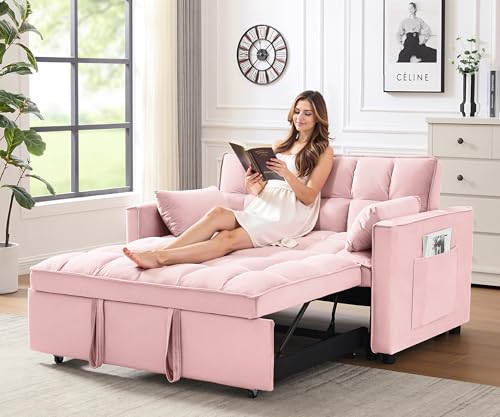 3 in 1 Convertible Sleeper Sofa Bed, Futon Couches for Living Room with Side Pocket | Adjustable Backrest | Velvet Fabric | Pull Out Couch | Loveseat | Sectional Sofa Bed, Black