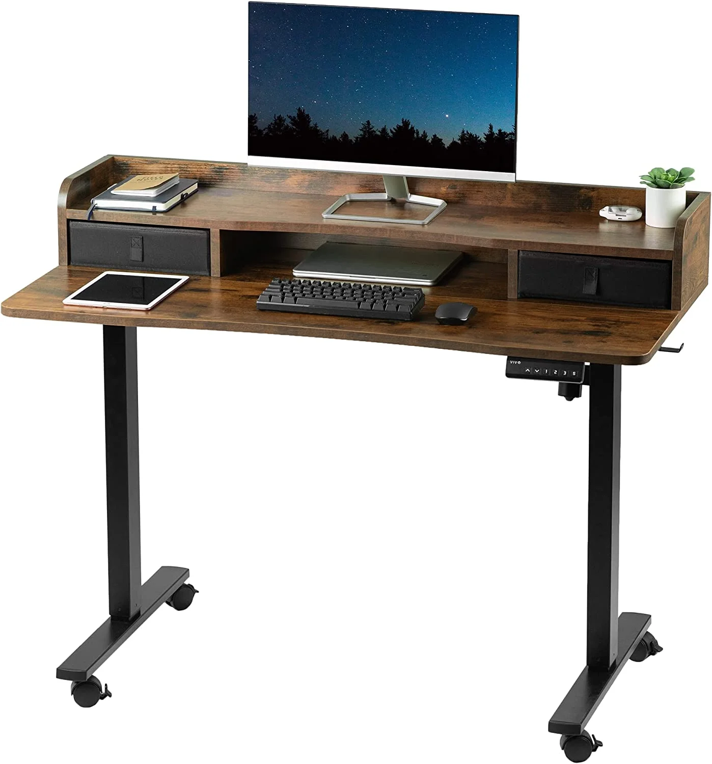 Electric 2-Tier Height Adjustable X 24 Inch Stand Up Desk, Mobile Standing Workstation With Storage Drawers, Memory Controller, Casters, Rustic Vintage Brown Top, Black Frame, DESK-E-YSN