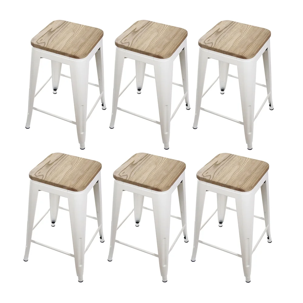 Leejay White 24 inch Counter Height Metal Barstools with Light Wood Seat, Set of 6