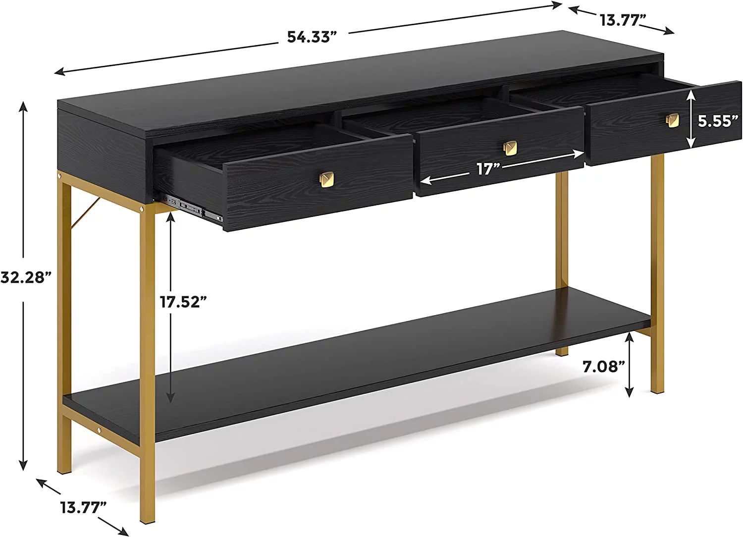 Console Table with Drawers, Hallway Wall Table with Storage Shelves, Narrow Long Sofa Entryway Table for Living Room, Metal Frame, Black Gold
