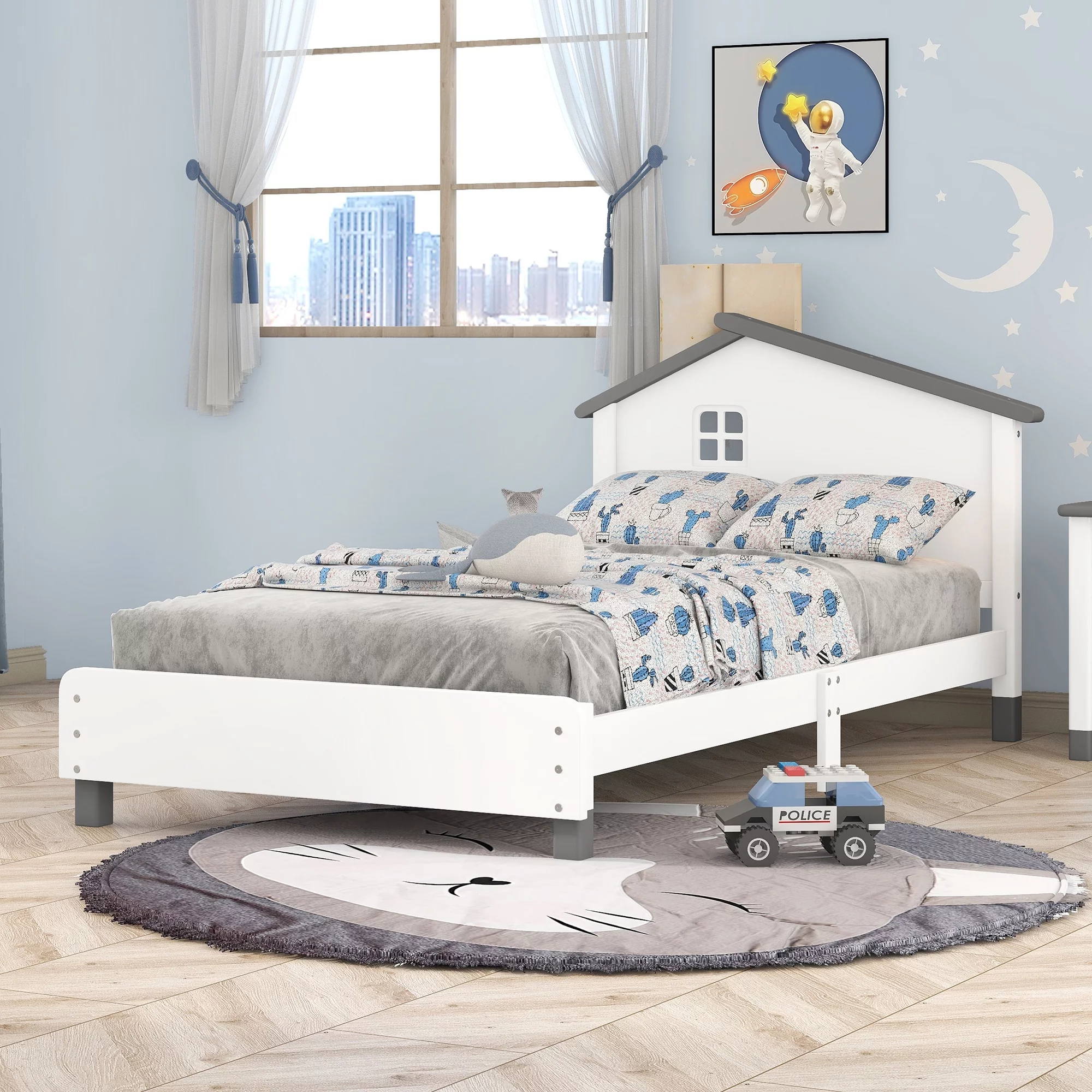 Bellemave Twin Size Platform Bed with House-Shaped Headboard,Wood Twin Platform Bed Frame with Wood Slats for Kids,Boys,Girls,No Box Spring Needed(Twin,White+Gray)