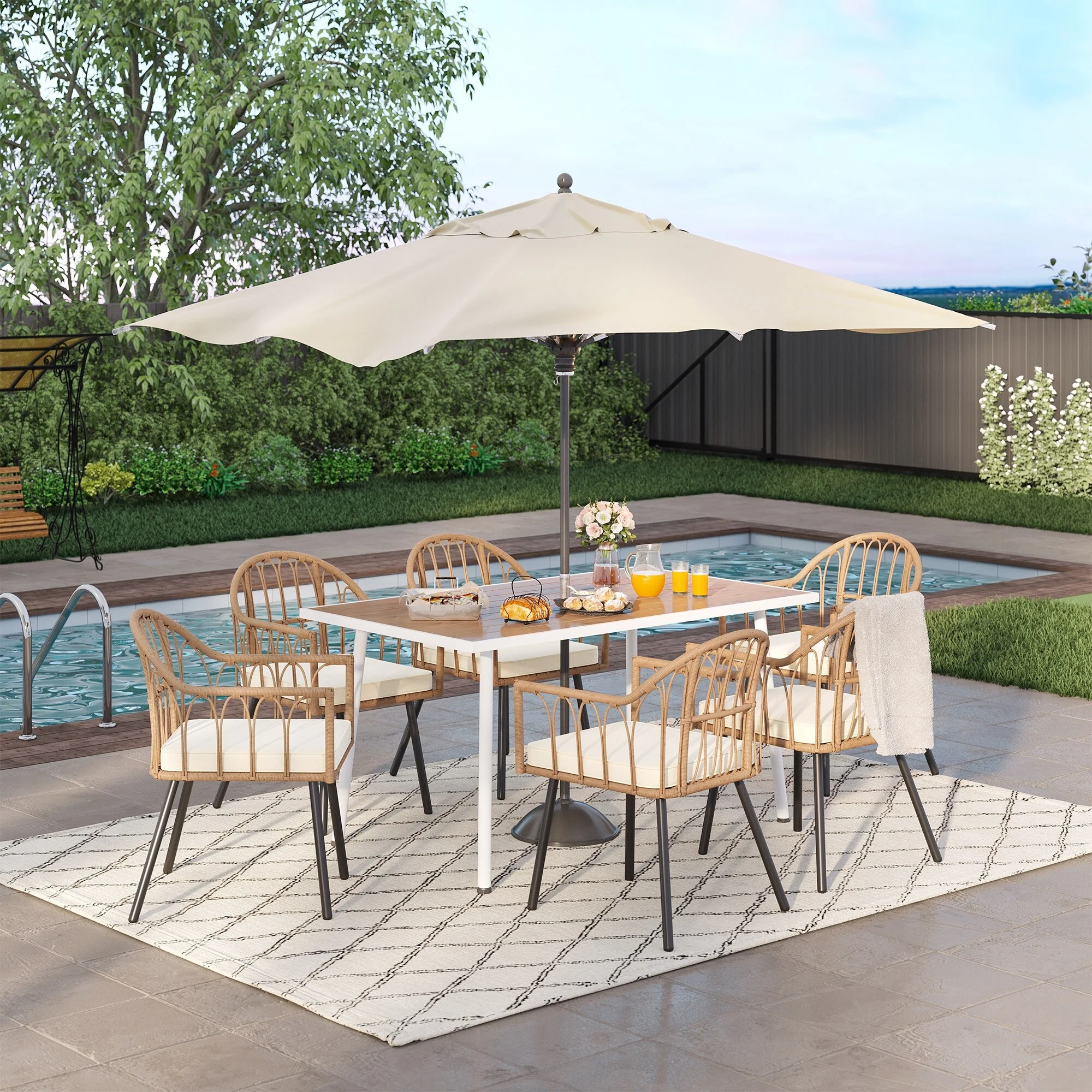 Mcferran's Inc Fernald Beige 7-piece Outdoor Wicker Dining Set Patio Chairs and Table with Cushion