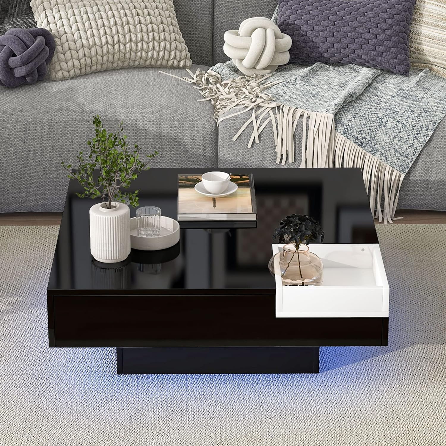 Modern Square LED Coffee Table Cocktail Table With 16 Colors,White/Black Coffee Table With Detachable Tray And Control For Living Room Bedroom