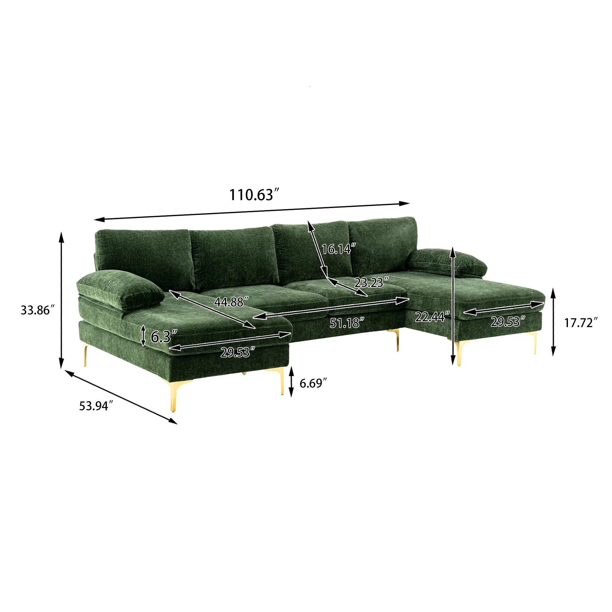 Luccalily Sectional Sofa U-Shaped Sectional Couch , Accent Sofa Recliner,with Golden Metal Legs,Mid-Century Modern Velvet loveseat Sofa,Double Extra Wide Chaise Lounge Couch for Living Room Bedroom
