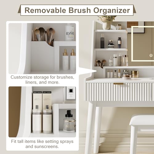 Vanity Desk with Mirror & LED Lights, Fluted Makeup Table Set with Power Outlet & Hair Dryer Rack, Modern Dressing Table with Drawers & Adjustable Shelves, Cushioned Stool for Bedroom, White