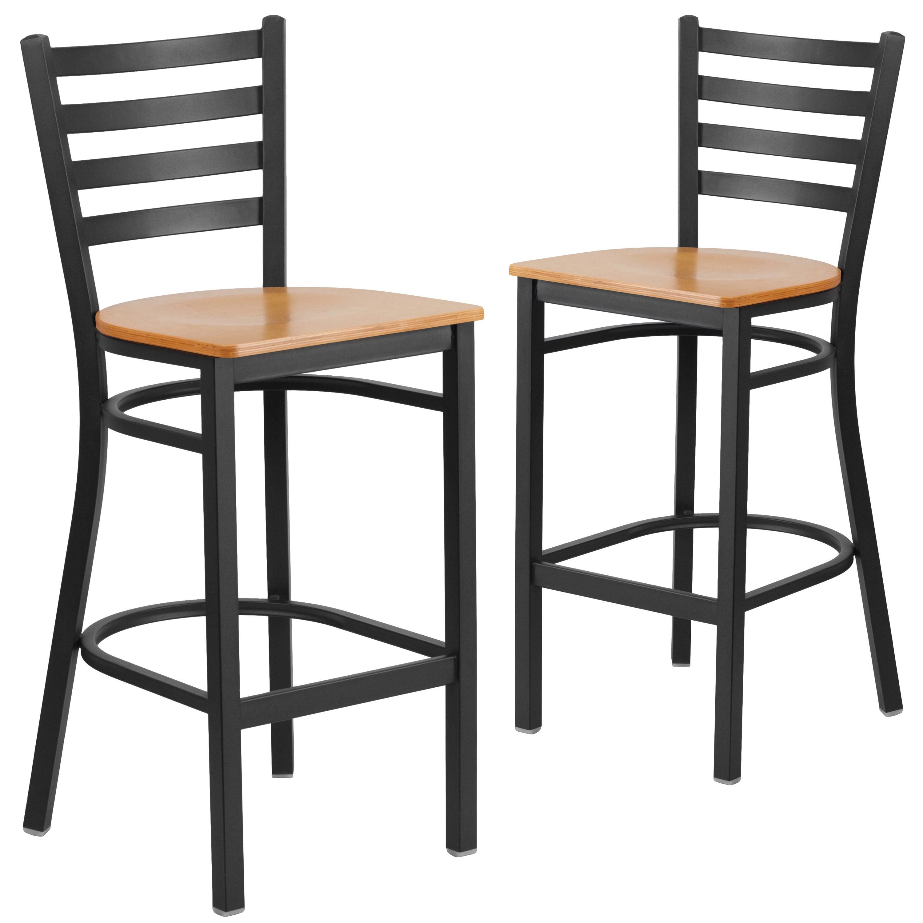 Flash Furniture 2 Pack HERCULES Series Black Ladder Back Metal Restaurant Barstool - Natural Wood Seat