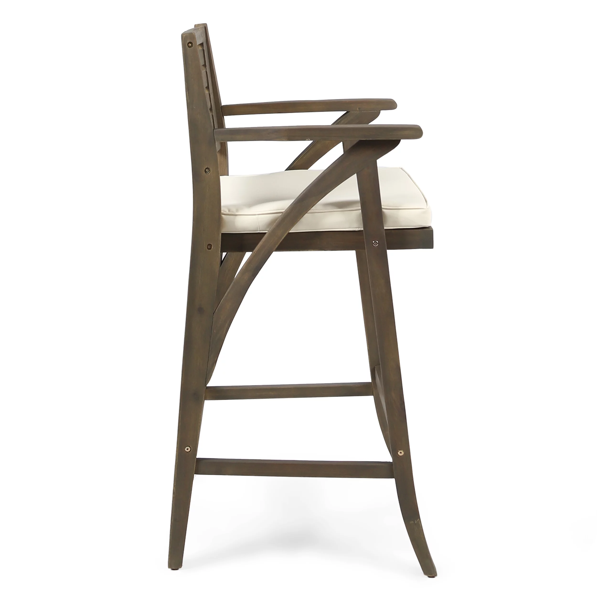 Outdoor Acacia Wood Barstool with Cushion,Cream,Grey