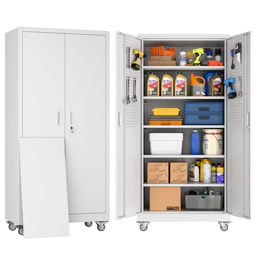 2025 Upgraded Wide & Deep Garage Storage Cabinet with Wheels, Lockable Metal Storage Cabinet with Pegboards and 9 Hooks, 2 Tool Pouches for Garage,4 Adjustable Shelves (Black,43''W x 22''D x 72''H)