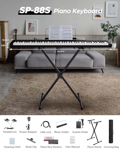 Starfavor 88 Key Piano Keyboard, Compact Bluetooth Digital Piano with Full-size Semi Weighted 88 Keys, Budget Electric Keyboard Piano with Stand, Piano Pedal, Carrying Bag, Recording/MIDI/USB, Black