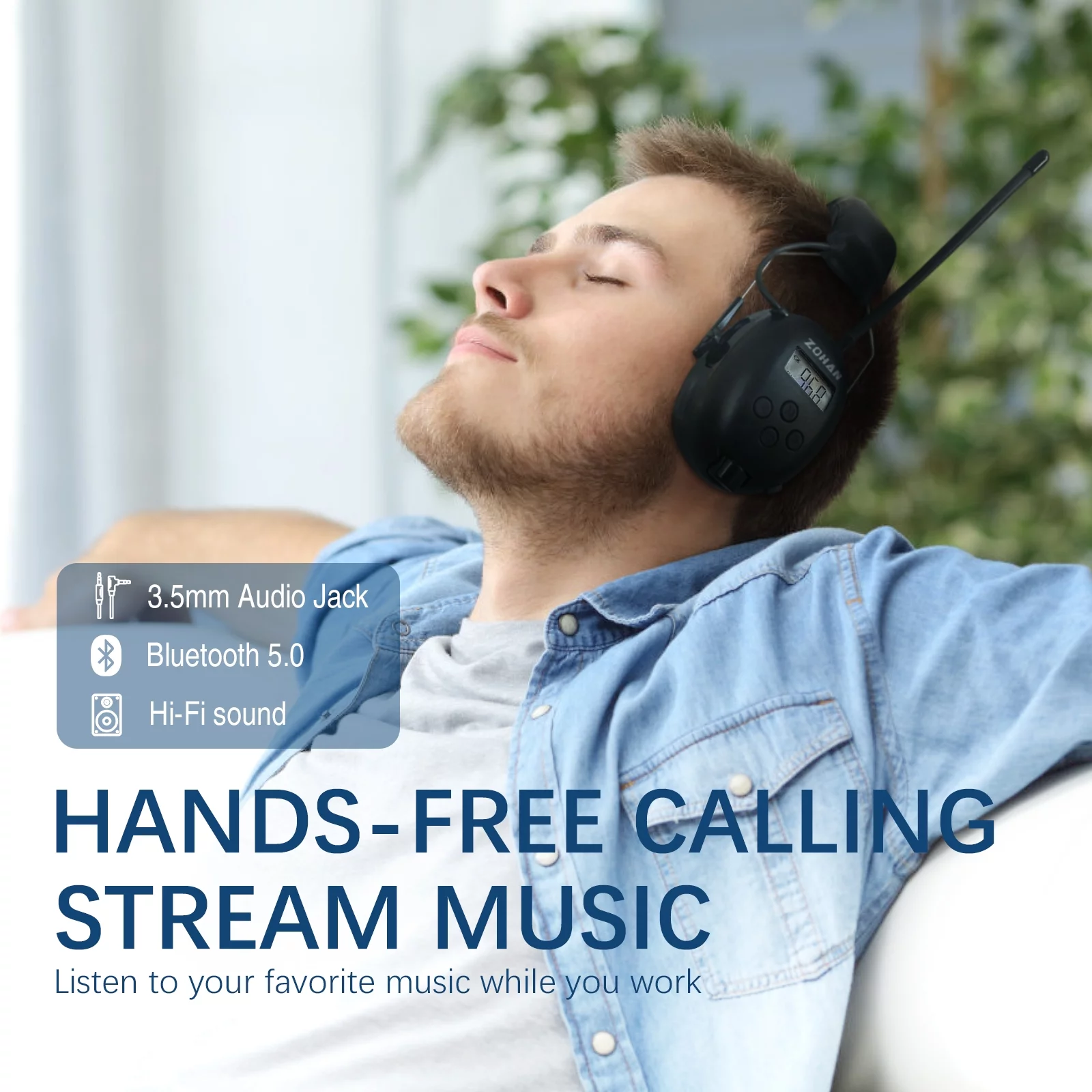 ZOHAN 033 Bluetooth 5.0 AM FM Radio Headphones with Digital Display, 25dB NRR Noise Reduction
