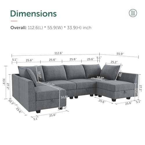 HONBAY Modular Sectional Sofa U Shaped Sectional Modular Sofa with Storage Convertible Sectional Couch for Living Room, Grey