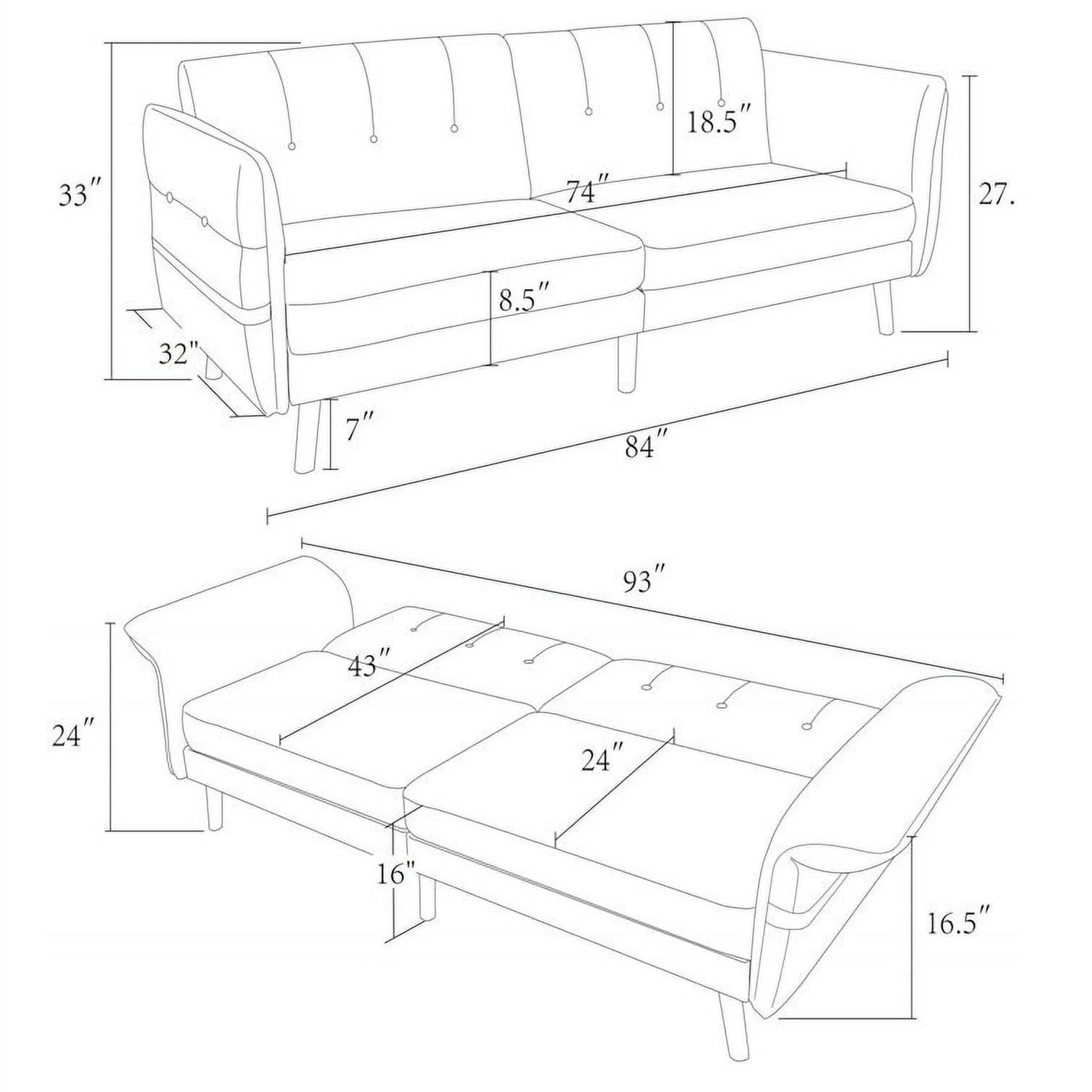 DENOSEN  Convertible Futon Sofa Bed with Adjustable Armrest/Backrest Blue