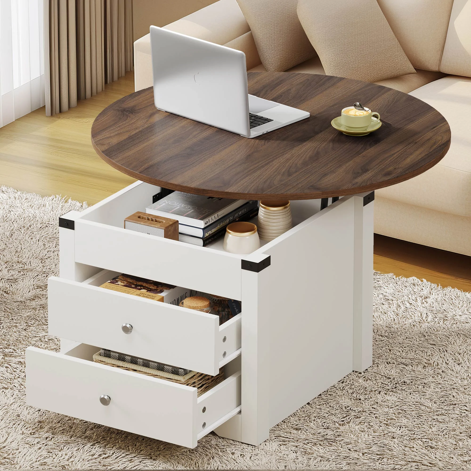 DWVO Farmhouse Lift Top Coffee Table with Storage, Round Center Table for Living Room, White and Walnut