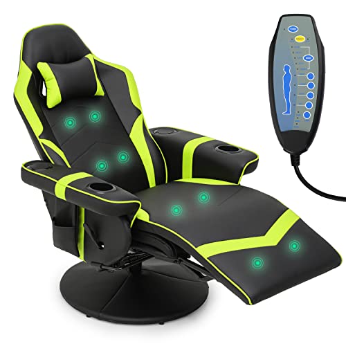 Magshion Massage Gaming Recliner Chair, 360° Swivel PU Leather Reclining Chair with Adjustable Backrest, Footrest, Cup Holders & Bluetooth Speakers for Adults Teens, Green