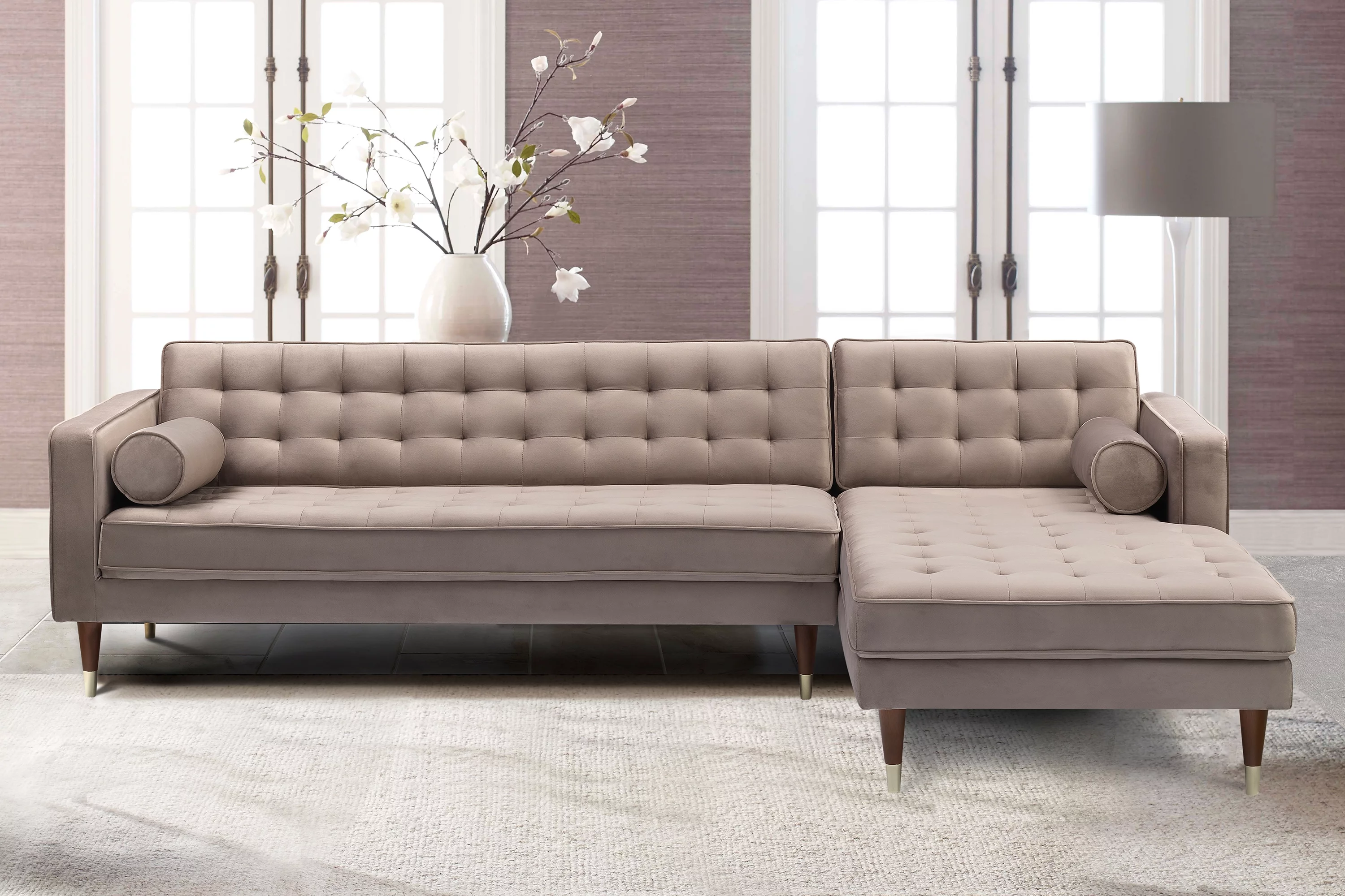 Taupe Velvet Mid Century Right Sectional Sofa
