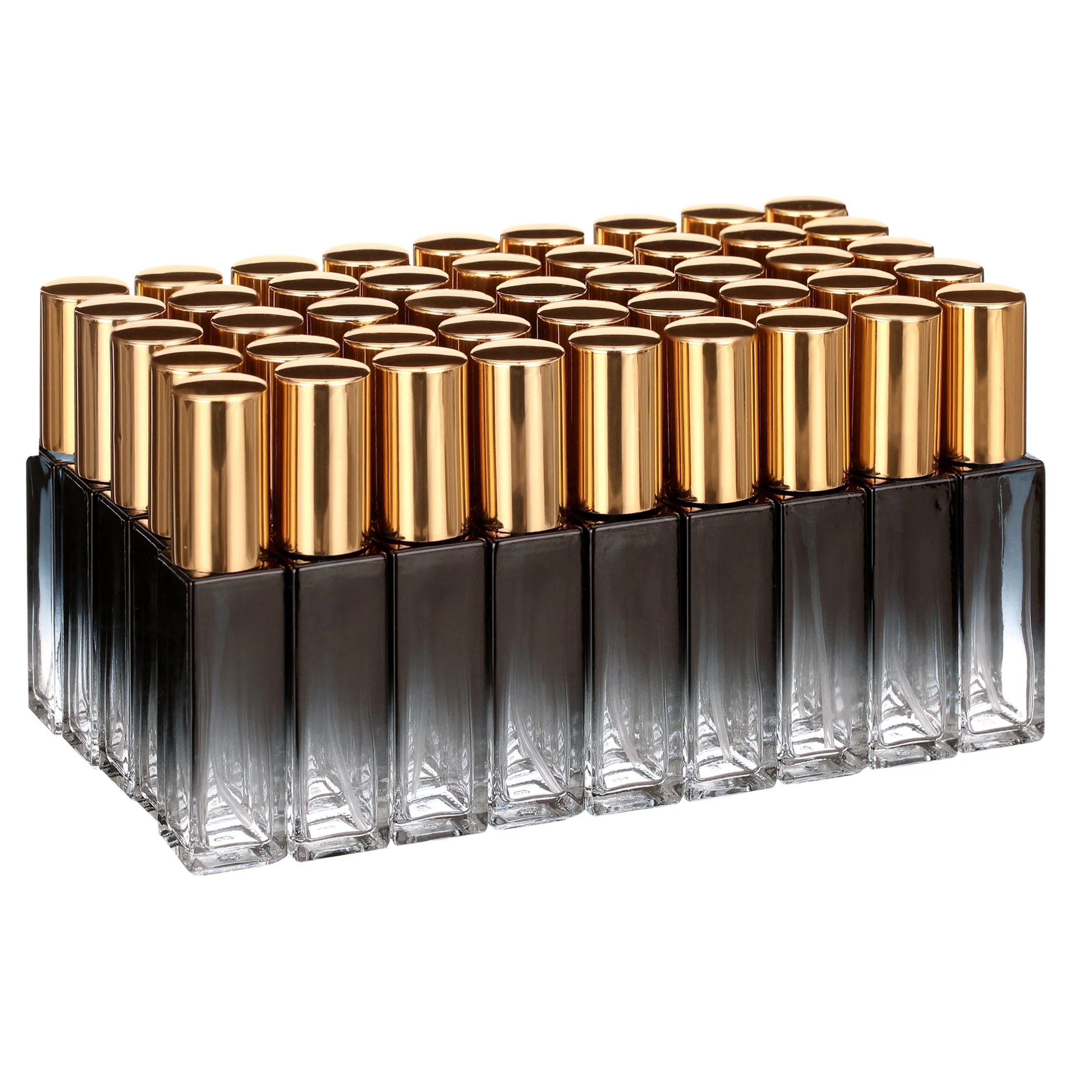 Mini Square Spray Bottle 45pcs 10ml Glass Empty Spray Refillable Perfume Bottle Fine Mist Liquid Dispenser for Makeup Skin Care (Gold Cap)