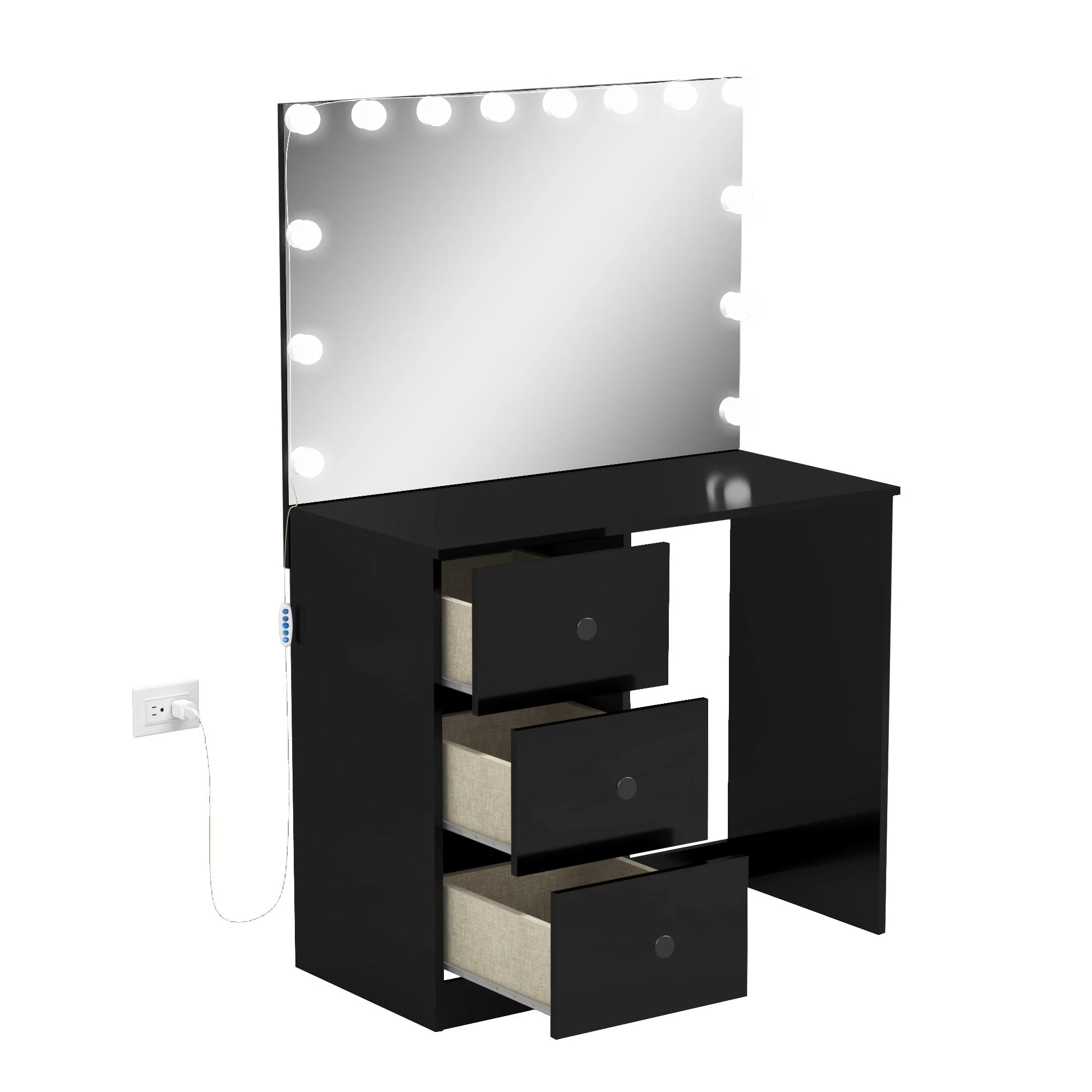 Ember Interiors Leia Mini Modern Vanity Table Lights, 3 Drawers, Mirror, Black Painted, for Bedroom