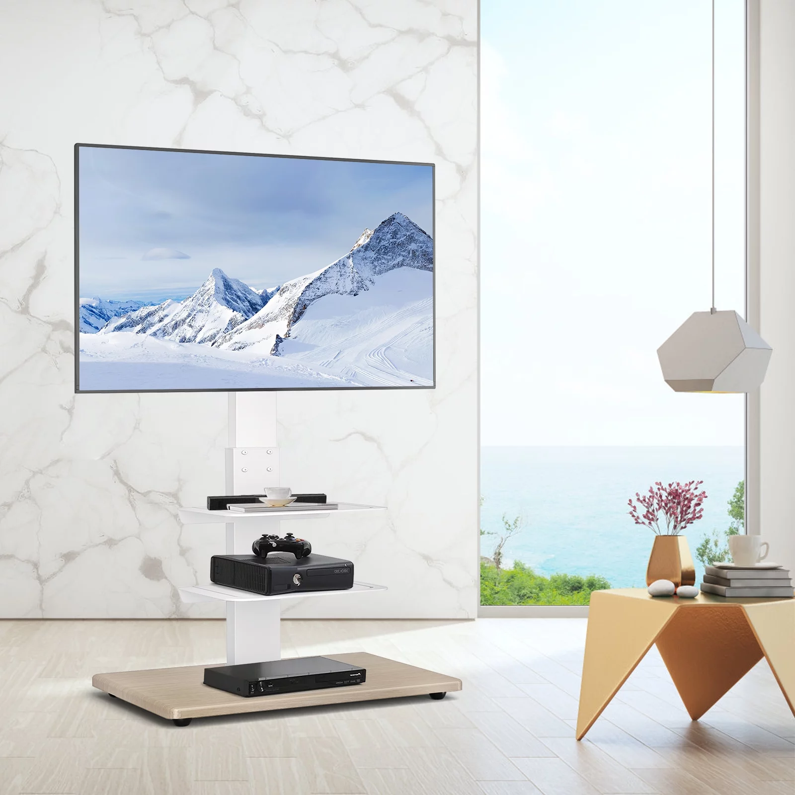 YOMT Wooden Base TV Floor Stand with Swivel Mount for 42 - 75 inch TVs,White