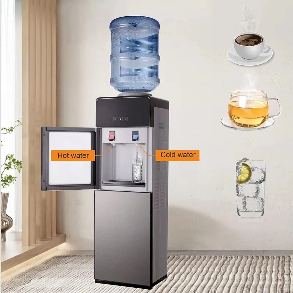 WSYW Top-Loading Water Dispenser for 5 Gallon Bottles, Hot & Cold Water Cooler with Storage Cabinet & Glass Door Water Coolers Dispenser for Home, Office, School, Gray