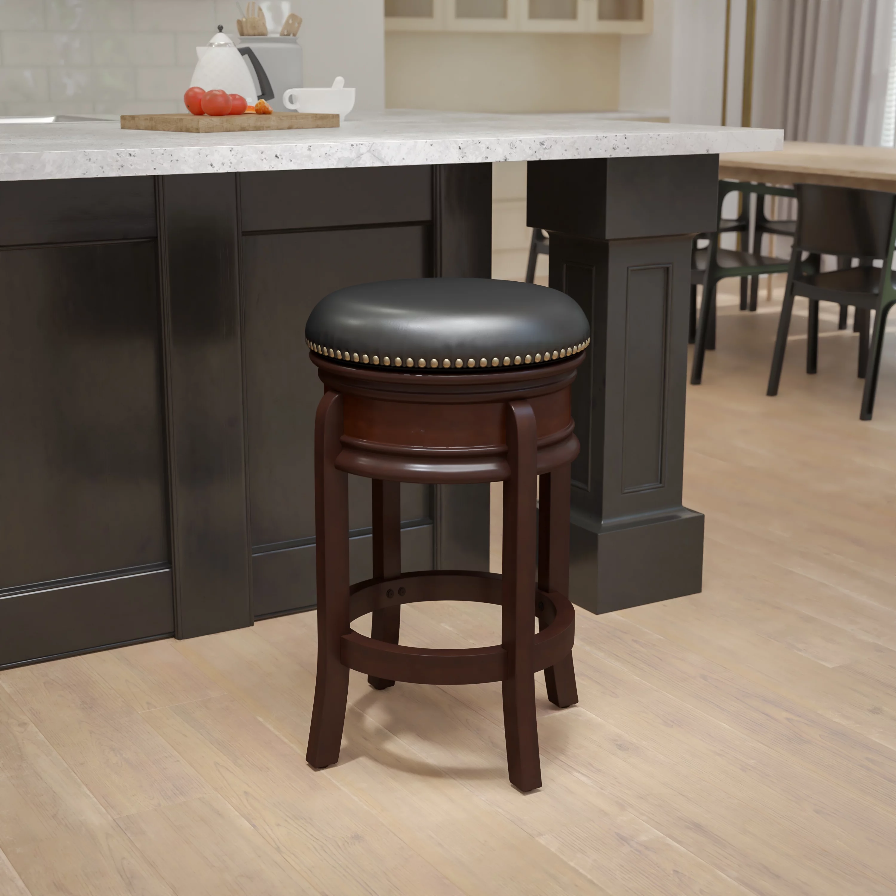 Flash Furniture Carol 24'' High Backless Cappuccino Wood Counter Height Stool with Carved Apron and Black LeatherSoft Swivel Seat