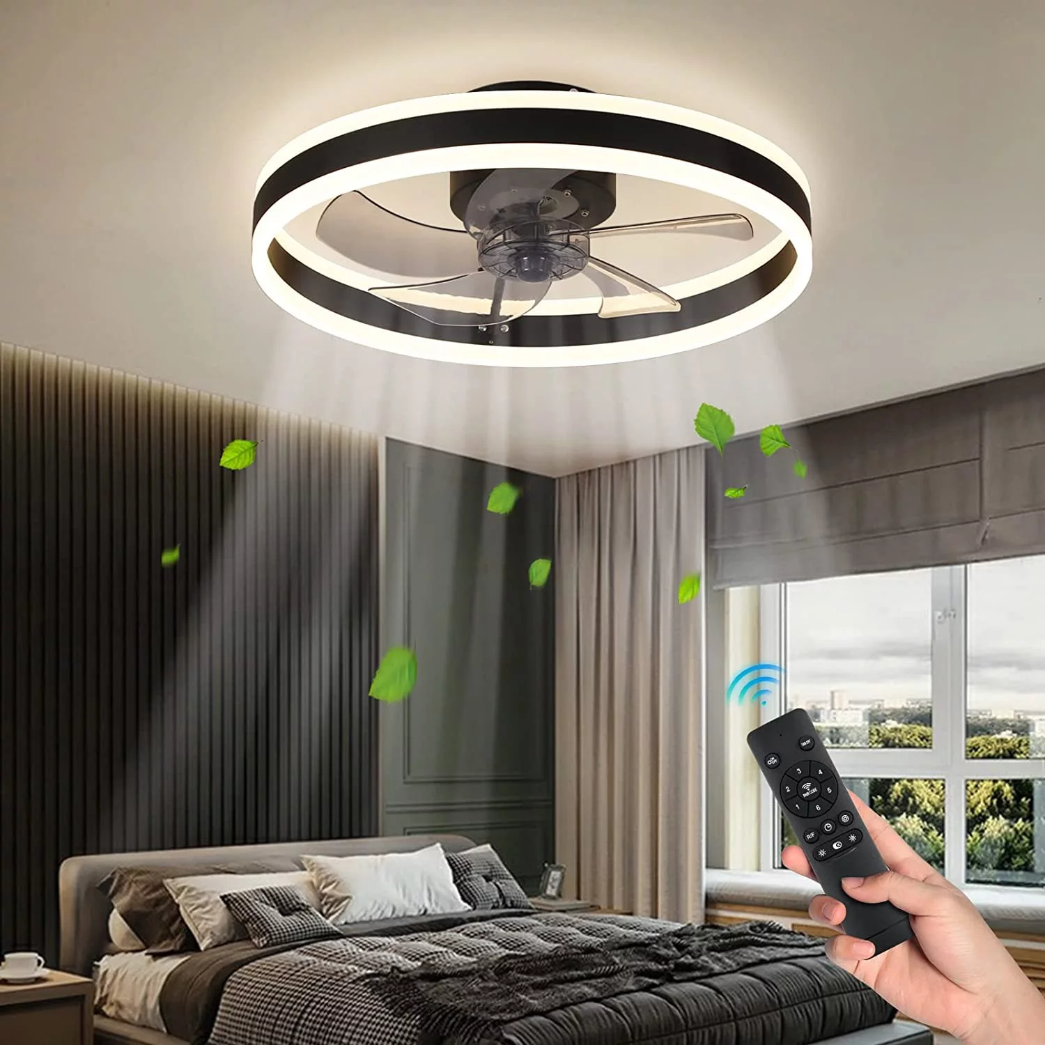 Sand black Modern Low Profile Ceiling Fan with Light, Bladeless Flush Mount Gold Fan Lights Ceiling Fixtures for Living Room, Kitchen, Small Room