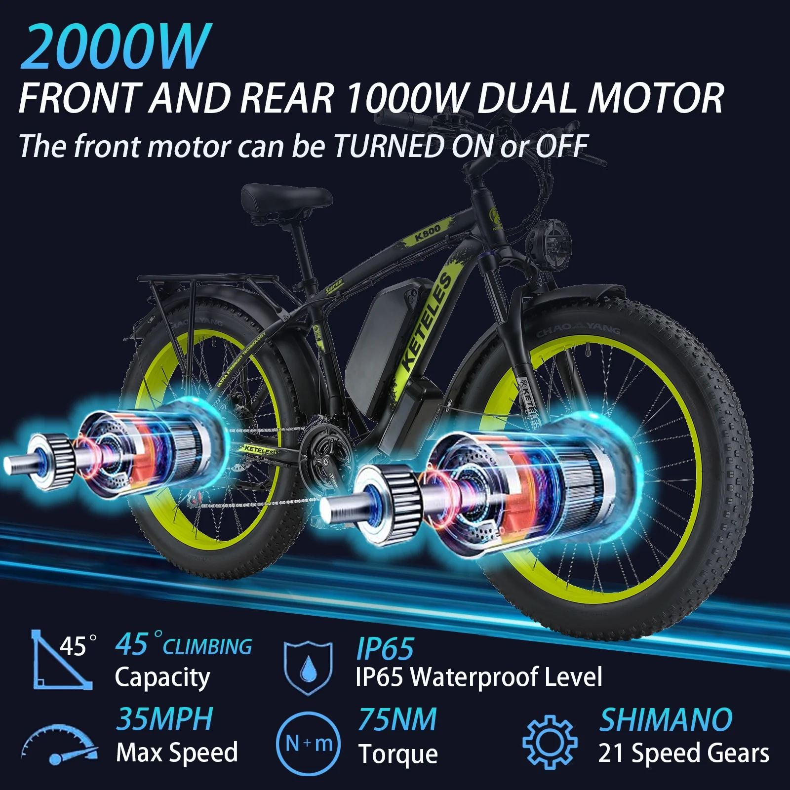 Electric Bike for Adults, 2000W 26” Fat Tire Electric Bike, 35MPH AWD Dual Motor Electric Bicycles, 48V 22.4AH Battery Fast Ebikes Dual Hydraulic Brakes