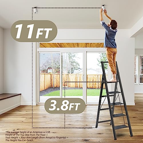 5 Step Ladder, Folding Step Stool, Lightweight Aluminum Foldable Ladder for 10 Foot High Ceiling with Anti-Slip Wide Sturdy Pedal and Handgrip, Multi-Use for Home (300 lbs Capacity) - Champagne Gold