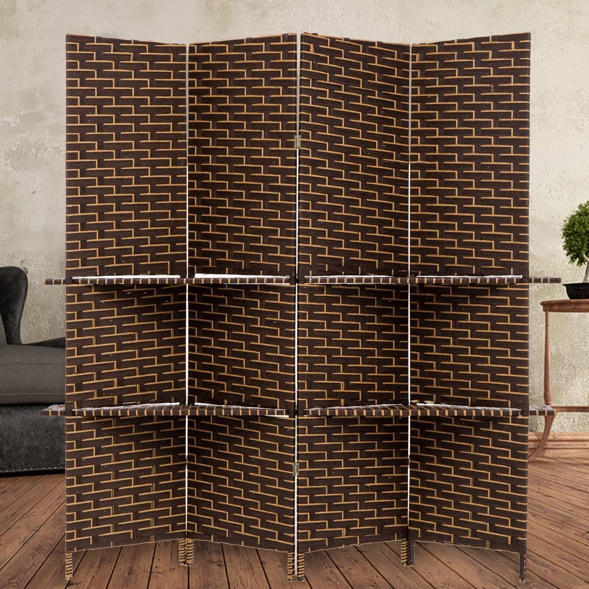 THY COLLECTIBLES Freestanding Woven Bamboo 4 Panels Hinged Privacy Panel Screen Partition Wall With 2 Display Shelves Holding Room Divider With Shelves-Bamboo (Darkmocha)