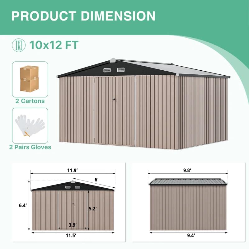 GVDV 10X12 FT Outdoor Storage Shed, Durable Metal Outside Storage for Garden, Patio and Backyard, Waterproof Shelter for Tools, Equipment