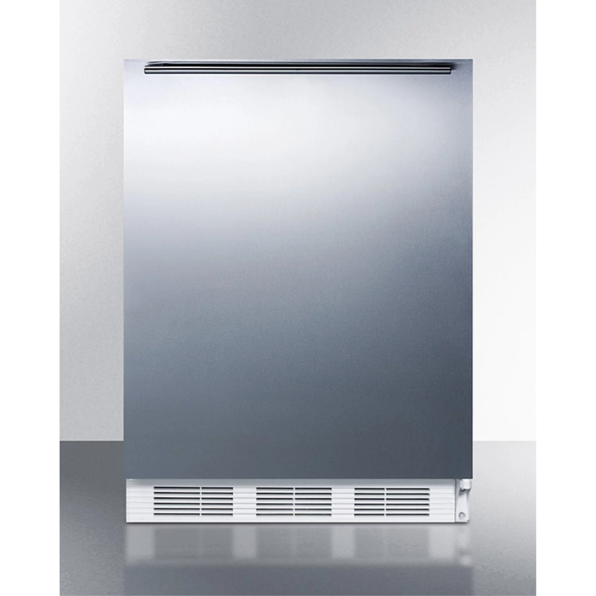 Built-in undercounter refrigerator-freezer for residential use, cycle defrost with a stainless steel wrapped door, horizontal handle, and white cabinet
