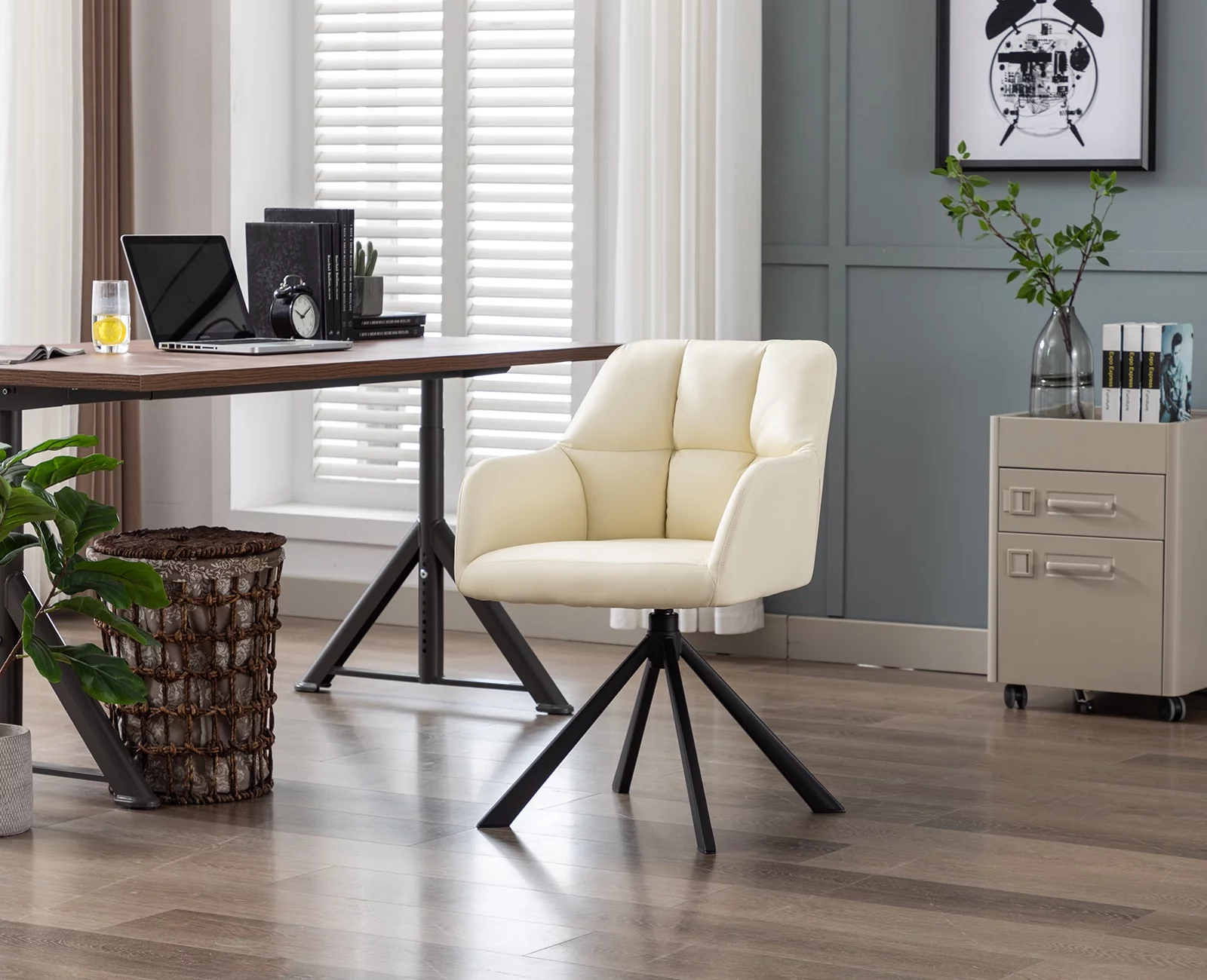 Guyou Modern Swivel Office Chair No Wheels, PU Leather Upholstered Desk Chair Armchair with Black Metal Legs for Living Room Bedroom Home Office, Beige