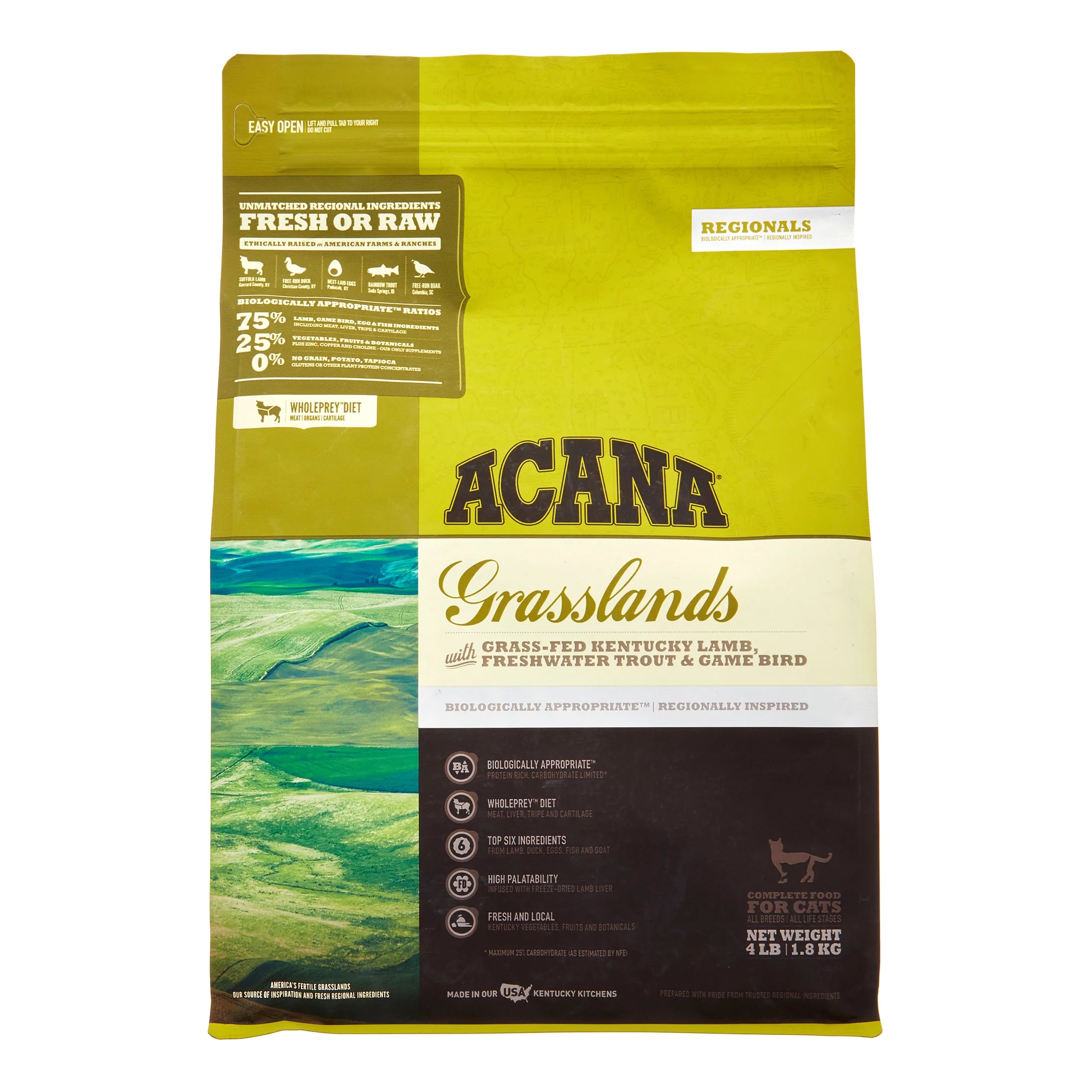 Acana Grasslands Biologically Appropriate Grain-Free Lamb, Duck & Fish All Breed Dry Cat Food, 4 lb