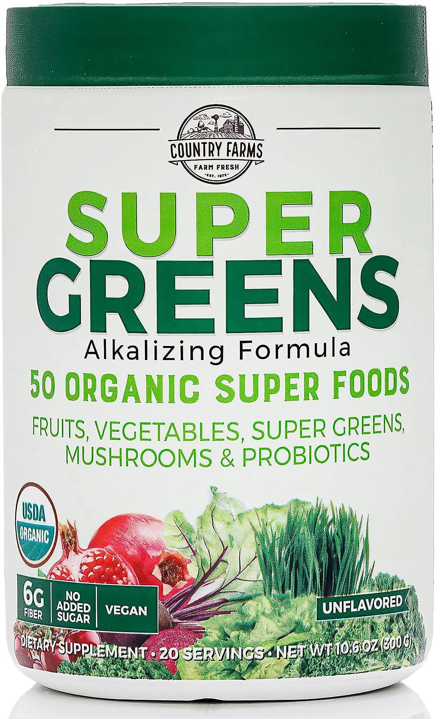 Country Farms Super Greens Natural Flavor, 50 Organic Super Foods, USDA Organic Drink Mix, Mushrooms & Probiotics, Supports Energy, 20 Servings, 10.6 Oz, 2 Packs