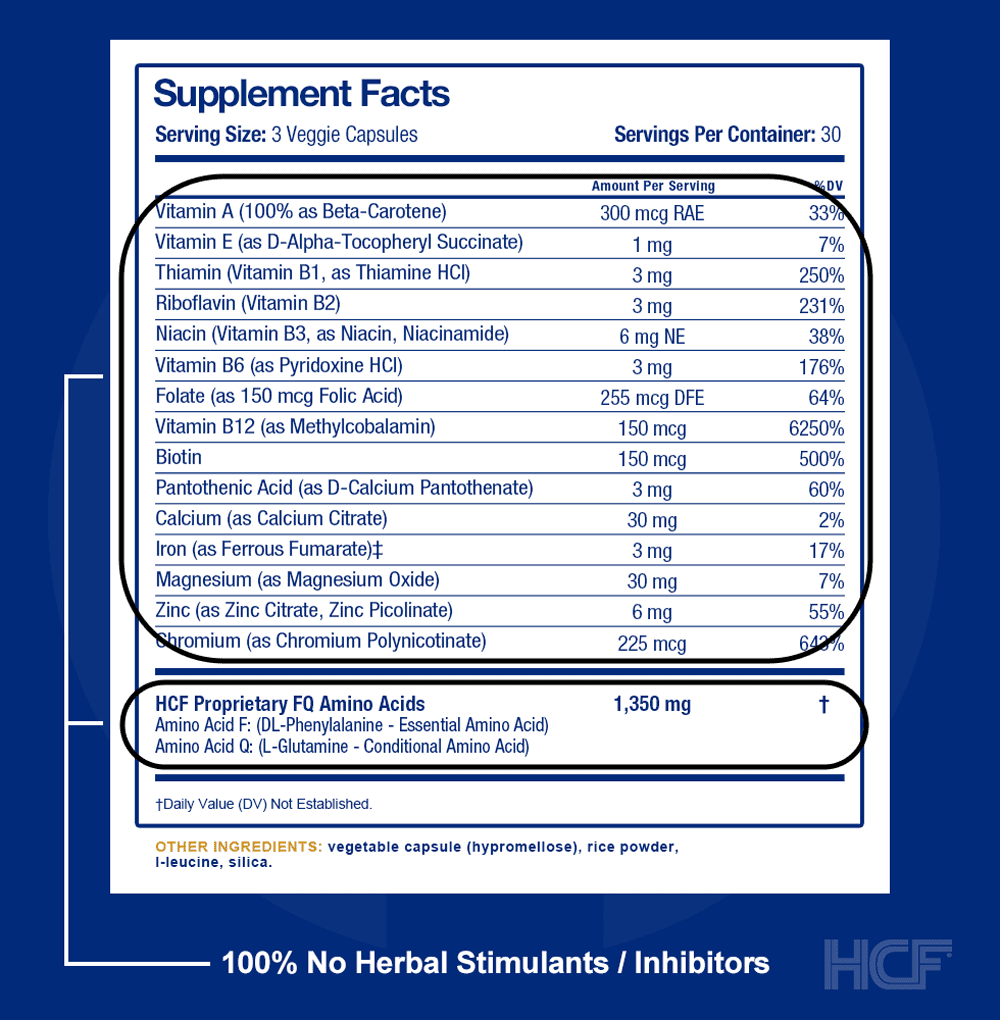 HCF Happy, Calm & Focused - Brain Focus, Attention, Concentration & Mood Supplement (3-Pack) - FQ Foundation Amino Acids, Vitamins & Minerals - 100% No Herbal Stimulants - Non-GMO Project Verified
