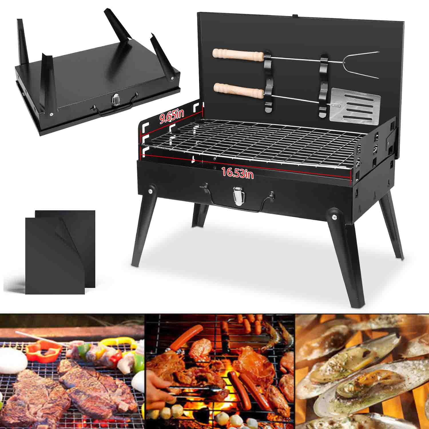 iMountek Portable Charcoal Grill Foldable BBQ Suitcase Grill Shelf with 2Pcs BBQ Grill Mat Non-Stick Mat, Black