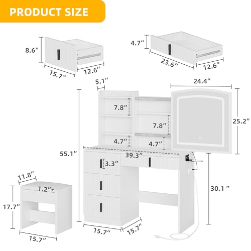 YITAHOME Fluted Vanity Desk with Mirror and Light, Big Vanity Set with Power Outlet, Hidden Jewelry Storage, Makeup Desk with 4 Drawers, Dressing Table with Soft Stool, 3 Lighting Color Modes, White