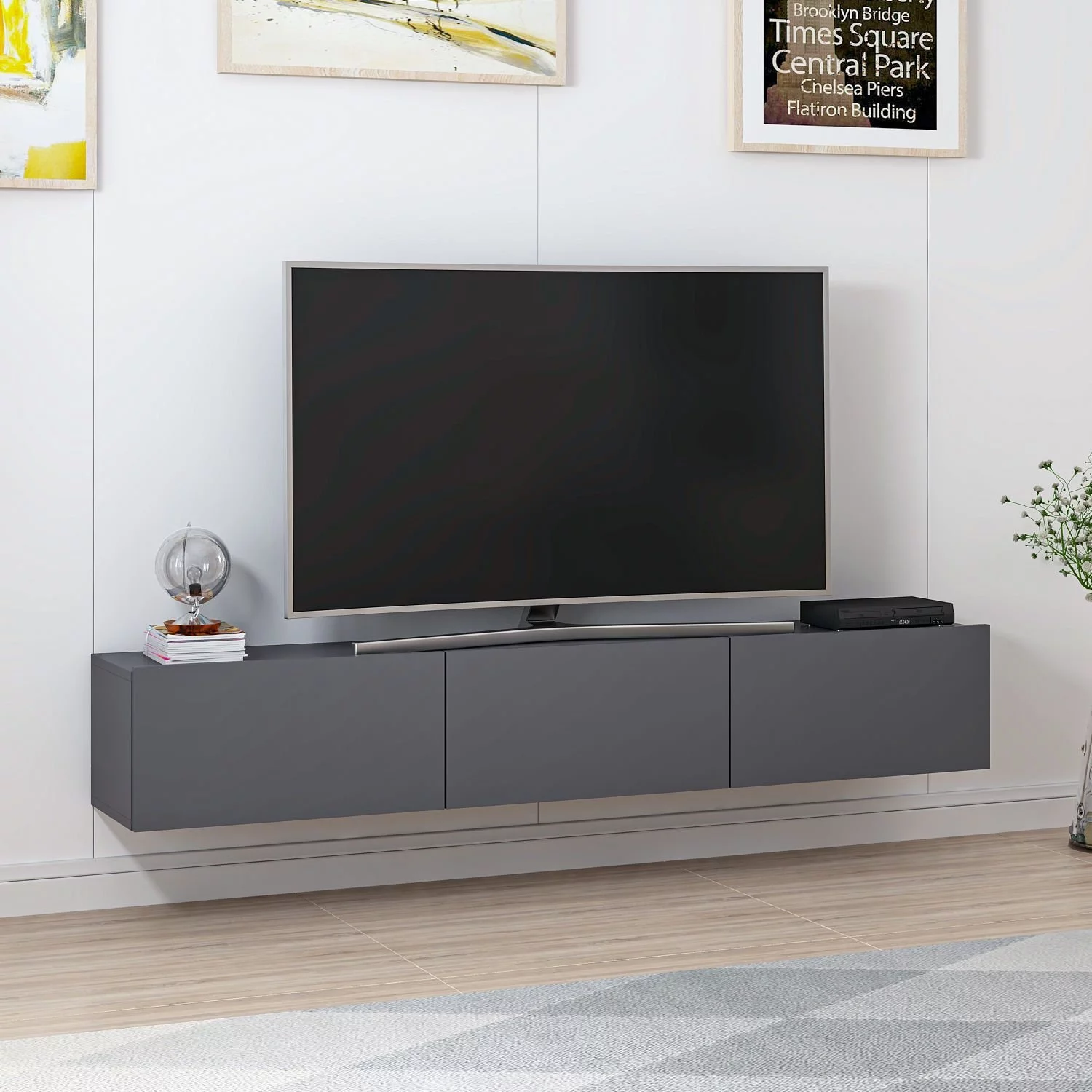 Hanging Tv Unit with Decor Panel - Anthracite Living Room Furniture Etgdecor (Anthracite)