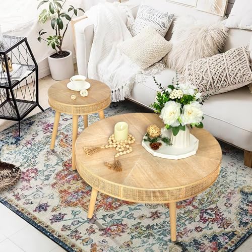 RUSTOWN 2-Piece Farmhouse Coffee Table, Modern Rustic Sofa Side Tea Tables, Solid Wood Finish with Crafted Rattan Side and End Table Sets for Living Room (Natural)