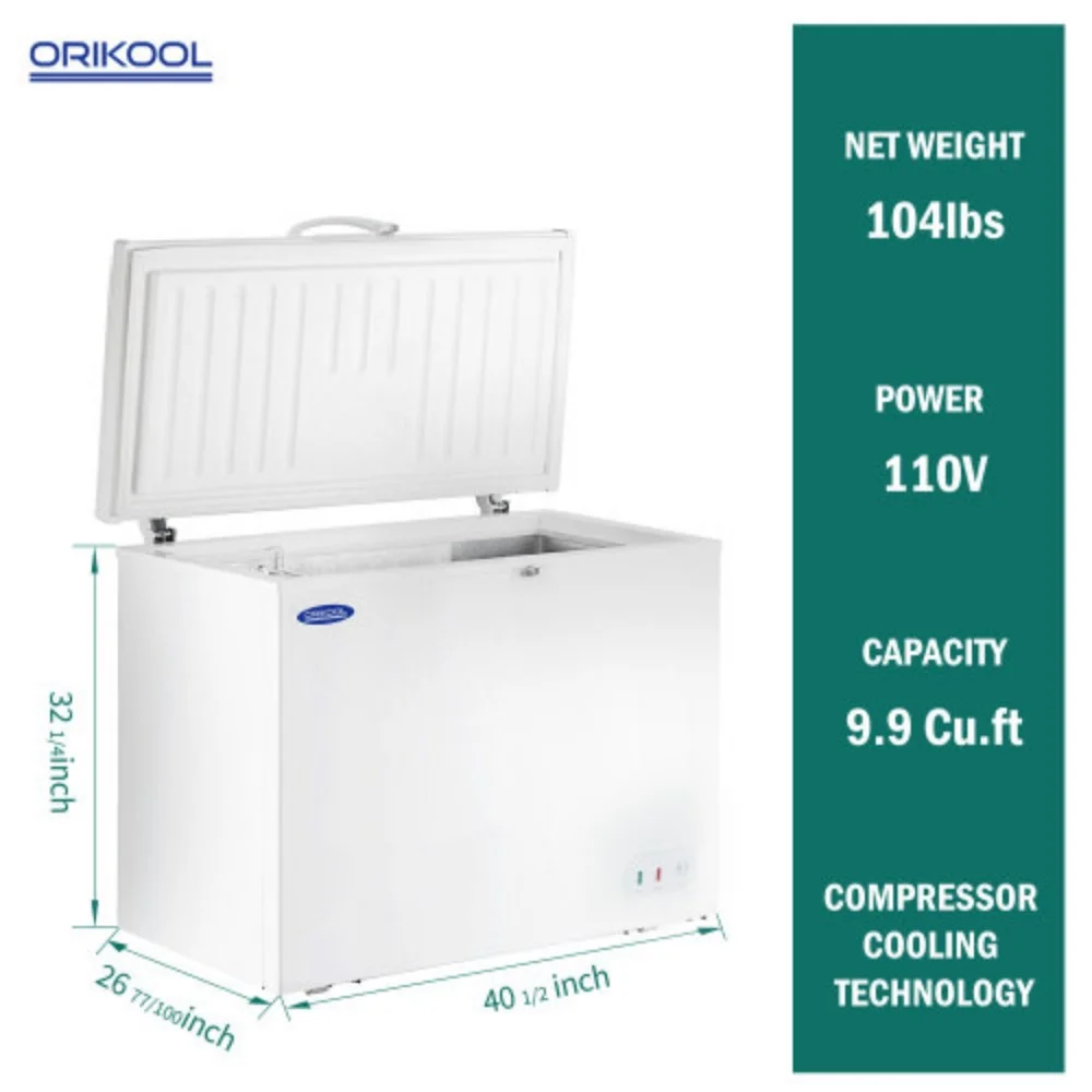 ORIKOOL Chest Freezer 9.9 Cu.ft Solid Top Commercial Deep Chest Freezers with Lockable Stay-Open Lid Painted for Back-of-House Bulk Storage  White + Steel