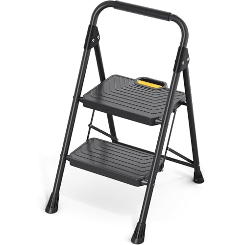 KINGRACK 4 Step Ladder, Sturdy Steel Step Stool with Anti-Slip Wide Pedals, Handrail, Safe-Lock Design, Pass 800lbs Load Testing, Folding Portable Ladder for Multi-Purpose, Home, Kitchen, Black