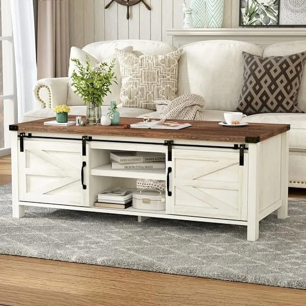 NLIBOOMLife Farmhouse Coffee Table with Sliding Barn Doors&  Living Room Center Tables Rustic Wooden Rectangular Tables w/Adjustable Cabinet Shelves